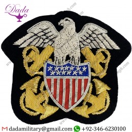 100% Hand Embroidered USN motif Metal Thread Bullion Wire American Navy Officer Crest ,Badge, Military Shadow Box, Patches