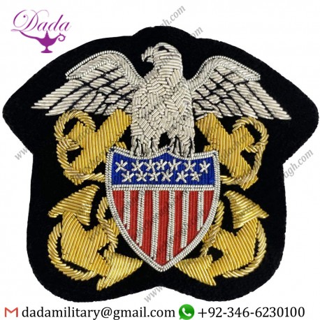 100% Hand Embroidered USN motif Metal Thread Bullion Wire American Navy Officer Crest ,Badge, Military Shadow Box, Patches