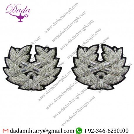 Hand Embroidered Badge Wreath Silver Wire Sold As Pair