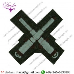 Handmade Badge Crossed Cannons Small White On Khaki Embroidered Army Cloth Trade Badge