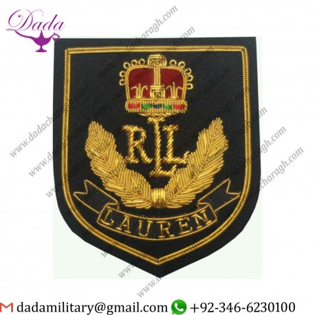 Handmade Embroider Gold Bullion Wired Military Blazer Badge Hand Made Embroider