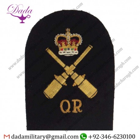 Military Motif Hand Embroidery Badges Quarters Rating (Crown  Crossed Guns  Qr) Trade - Gold On Navy Queen's Crown. Bullion Wire
