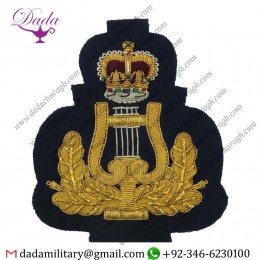 Military Motif Hand Embroidery Badges Raf Band - Lyre & Crown - Large - Bandmaster - Rare Gold On Dark Blue Queen's Crown. 