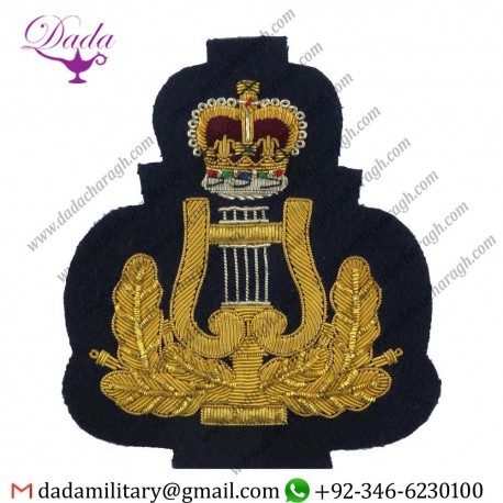Military Motif Hand Embroidery Badges Raf Band - Lyre & Crown - Large - Bandmaster - Rare Gold On Dark Blue Queen's Crown. 