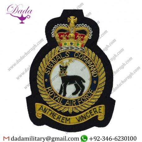 Military Motif Hand Embroidery Badges Royal Air Force Signals Command Blazer Badge Queen's Crown. Bullion Wire-embroidered