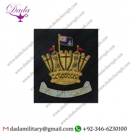 Military Motif Hand Embroidery Badges Royal Fleet Auxiliary Blazer Badge Scroll Below Crown Bullion Wire-embroidered