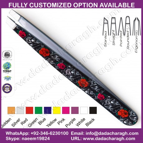 REB FLOWER AND BLACK PATTERN TWEEZER,EYEBROW TWEEZER,SLANT TIP TWEEZER