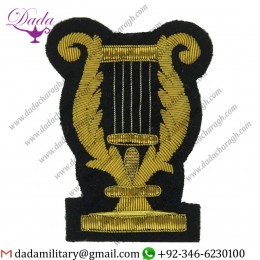 Sew On Badge Lyre (No Crown Or Wreath) Large On Navy Blue Bullion Wire-embroidered Musician, Piper, Drummer Or Bugler