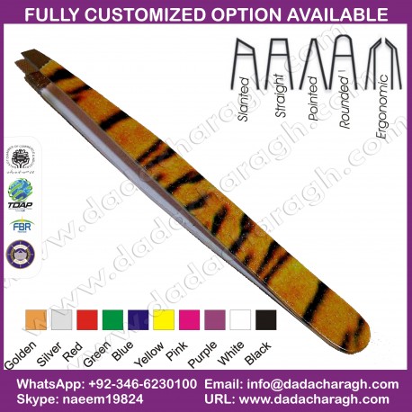 TIGER PRINTED TWEEZER,SLANTED STAINLESS STEEL TWEEZER, EYEBROW TWEEZERS