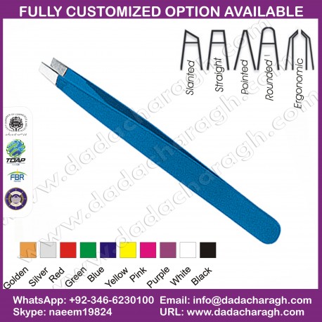 SLANTED STAINLESS STEEL COSMETIC TWEEZER FOR LADY, BLUE TWEEZER