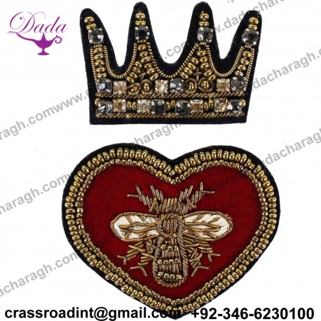 Crown Bee Heart Embroidery Badges Handmade India Silk Wire Patch Brooch Beaded Diamond Embroidered Applique Sewing