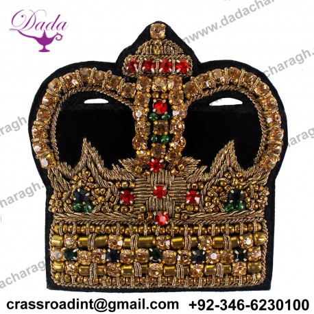 Crown Indian Silk Badge Patches Beaded Crystal Decorated Applique Vintage Embroidered Sewing Garment Badge