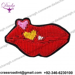 Embroidered Brooch Pin Clothes Bag Love Red Lips Indian Silk Handmade Badge