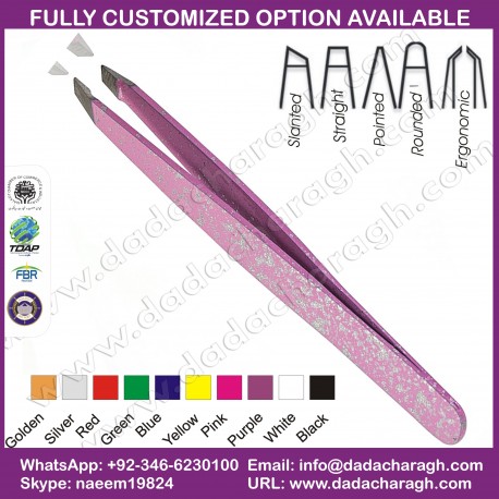 TWEEZERS STAINLESS STEEL FROSTED GLITTER SERIES  PINK SLANT TIP  BEST FOR EYEBROW  INGROWN HAIR  PRECISION TWEEZER