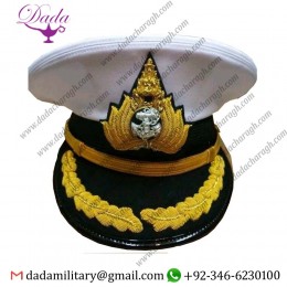 Hand Embroidery Royal Thai Navy Marine Officer Captain White Cap