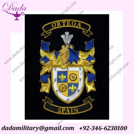 Custom Embroidered Bullion Crest Gold , Silver Wire Family Crest Coat of Arms