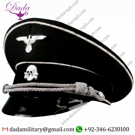 Visor Cap, German Third Reich Allgemeine SS Officer Visor Cap, Black , White Piping, Economy Model