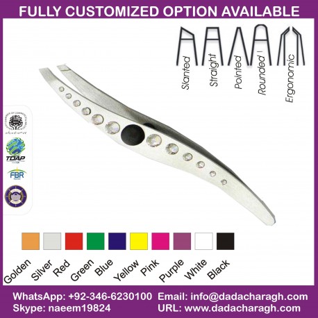 EYEBROW TWEEZERS CURVED SLANTED EYEBROW FLAT HEAD TWEEZER WITH  CRYSTALS