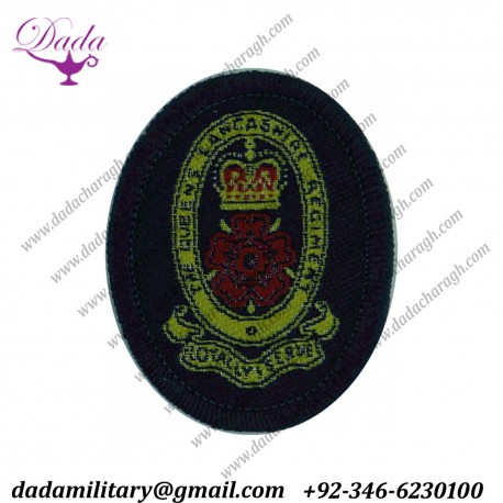 Queen's Lancashire Regiment (Red Rose) On Dark Blue Oval Queen's Crown. Woven Other Ranks' cap badge