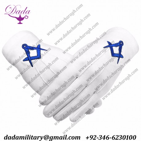 Masonic Cotton Gloves Blue Square And Compass Machine Embroidery