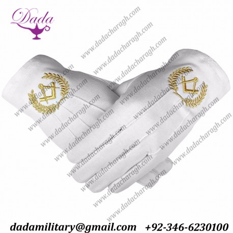 Masonic Cotton Gloves With Machine Embroidery Square Compass Gold
