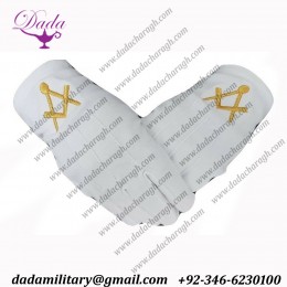 Masonic White Cotton Gloves With Gold Embroidered Square & Compass Emblem