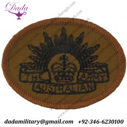 Australian Army 'rising Sun' On Brown Oval Queen's Crown. Embroidered Military Formation Arm Badge