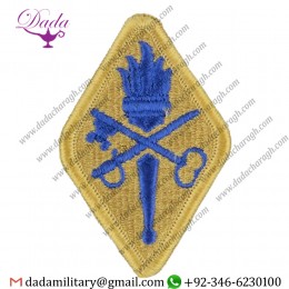 QUARTERMASTER CENTER AND SCHOOL BLUE ON SAND EMBROIDERED US ARMY SHOULDER SLEEVE
