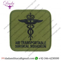 RAF 612 SQUADRON AIR TRANSPORTABLE SURGICAL SQUADRON BLACK ON OLIVE QUEEN'S CROWN. EMBROIDERED AIR FORCE BADGE