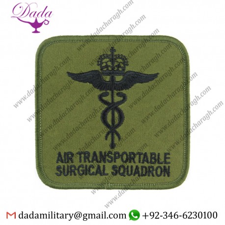 RAF 612 SQUADRON AIR TRANSPORTABLE SURGICAL SQUADRON BLACK ON OLIVE QUEEN'S CROWN. EMBROIDERED AIR FORCE BADGE