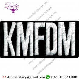 KMFDM - WHITE LOGO ON BLACK RECTANGLE - EMBROIDERED IRON ON OR SEW ON PATCH