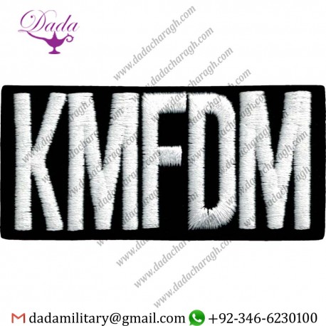 KMFDM - WHITE LOGO ON BLACK RECTANGLE - EMBROIDERED IRON ON OR SEW ON PATCH