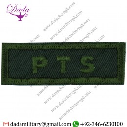 PTS (PHYSICAL TRAINING SERVICE) (CANADIAN ARMY) GREEN ON OLIVE EMBROIDERED NON-BRITISH ARMY SHOULDER TITLE