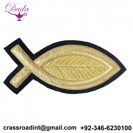 2 Hand-Embroidered, Gold, Bullion Appliques. Fish