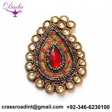 3 Hand-Beaded, Paisley Appliques. Red Faux Gems. Red