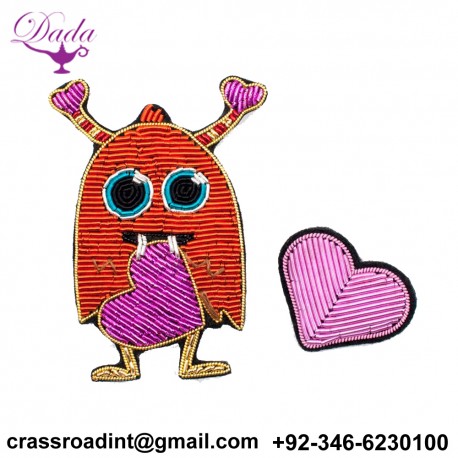 3D Handmade embroidery badges The monster pink heart Embroiderd metal wire applique for Coat Trousers Bag Brooch Placa Broche