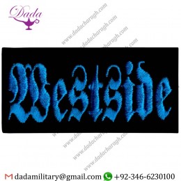WESTSIDE - BLUE ON BLACK - EMBROIDERED IRON ON OR SEW ON PATCH