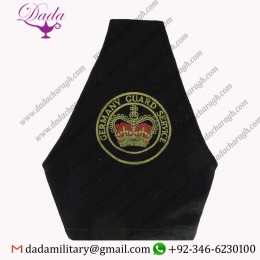 GERMANY GUARD SERVICE BRASSARD WORDS AROUND CROWN WITH QUEEN ELIZABETH'S CROWN. EMBROIDERED ARM-BAND OR BRASSARD