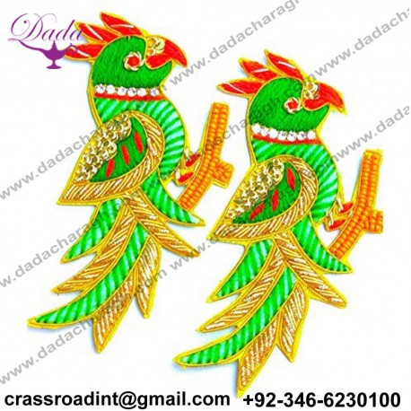 Boutique Green and Golden Parrot Work Embroidery Stitching Patches