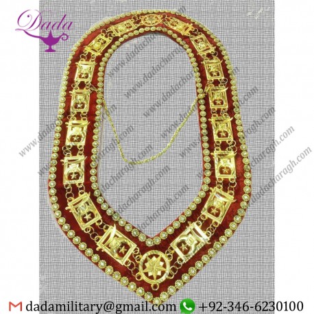 MASONIC REGALIA SHRINER'S COLLAR GOLDEN ON RED VELVET With Rhinestones