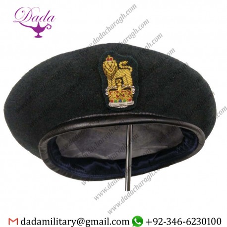 Hand Embroidery Staff Officer Commando Green Beret & Badge, Military Leather Band & Small Crown