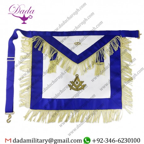 Gold Fringe White Leather Blue Lodge Past Master Masonic Apron