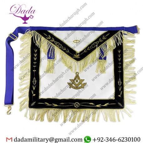 Gold Fringe White Leather Square Blue Lodge Past Master Masonic Apron