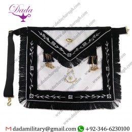 Grand Lodge Masonic White Leather Black Ribbon Borders Golden Olive Branch Embroidered Tassel Freemason Apron Badges