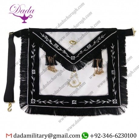 Grand Lodge Masonic White Leather Black Ribbon Borders Golden Olive Branch Embroidered Tassel Freemason Apron Badges