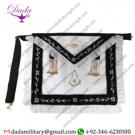 Hand Embroidered Masonic Past Master Mason Leather Apron White Tassels With Gold Jewels Masonic Regalia Apron Badges