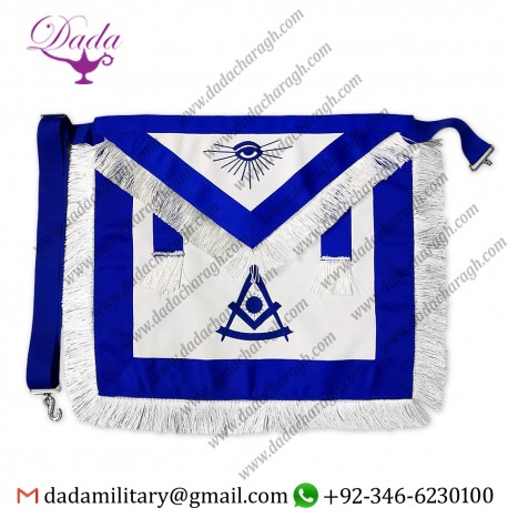 Mason Past Master Blue Lodge Officer Apron Grand Square Design With White Tassels Leather Embroidered Masonic Logo