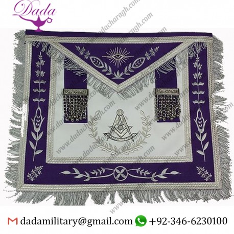Masonic Aprons- Past Master Royal Purple Apron with Silver Embroidery & Fringe