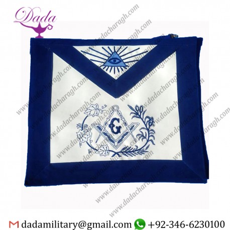 Masonic Master Mason Blue Velvet Apron Size 16 inches wide by 14 inches High