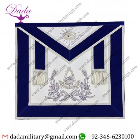 Masonic Past Master Hand Embroidered Apron Silver Embroidery Blue Velvet